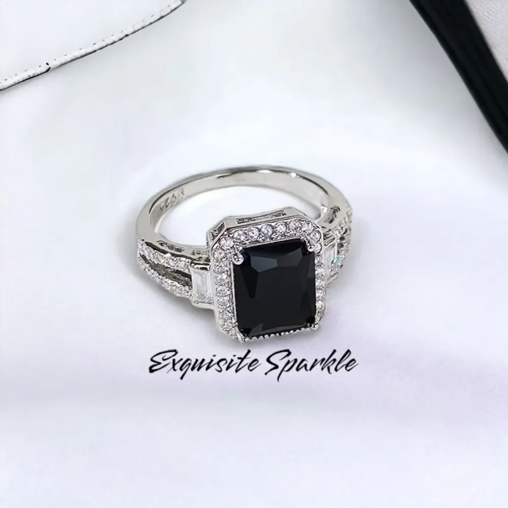 🖤Black Emerald Cut Cz Diamond Halo Ring